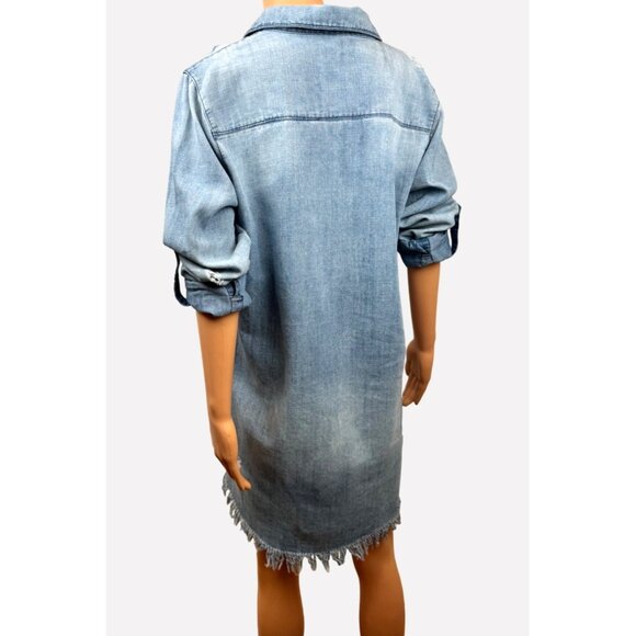 Distressed Denim Shirt Dress By En Crème Size M Long-Sleeve Frayed Hem Button-Up - Picture 5 of 11
